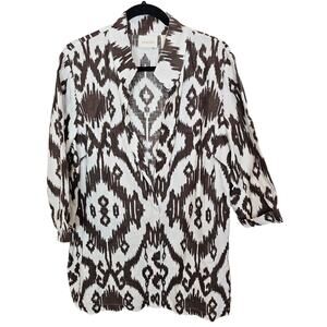 Chico's Jacket Linen Jacket Women 2 US L Brown Ikat Print Lightweight Jacket